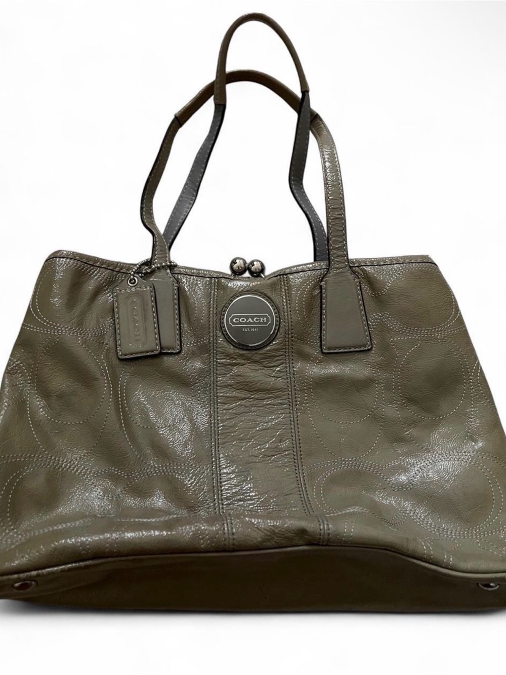 Coach F15658 Signature Stitched Patent Leather Kisslock Carryall Tote Y2K